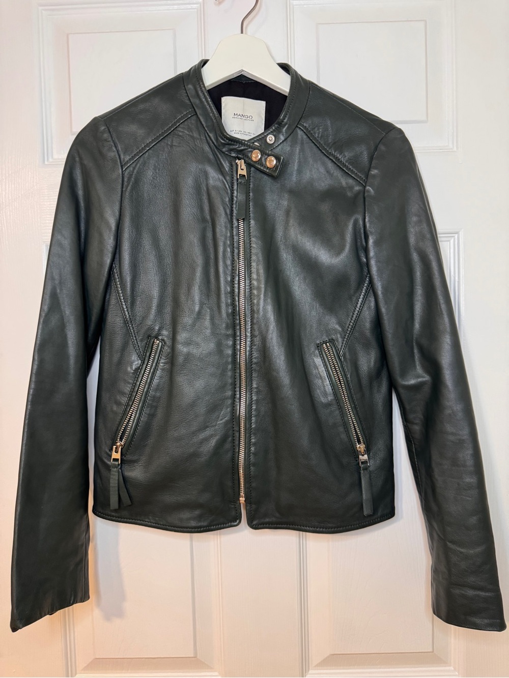 Mango Genuine Leather Jacket Dark Green Moto Style Zip Chic Size xs